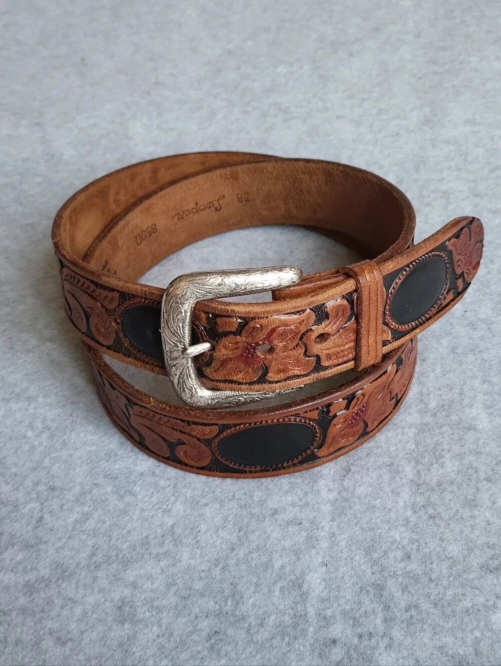 Vintage Looper Western Belt Mens 38 Brown Leather Embossed Tooled Handmade USA